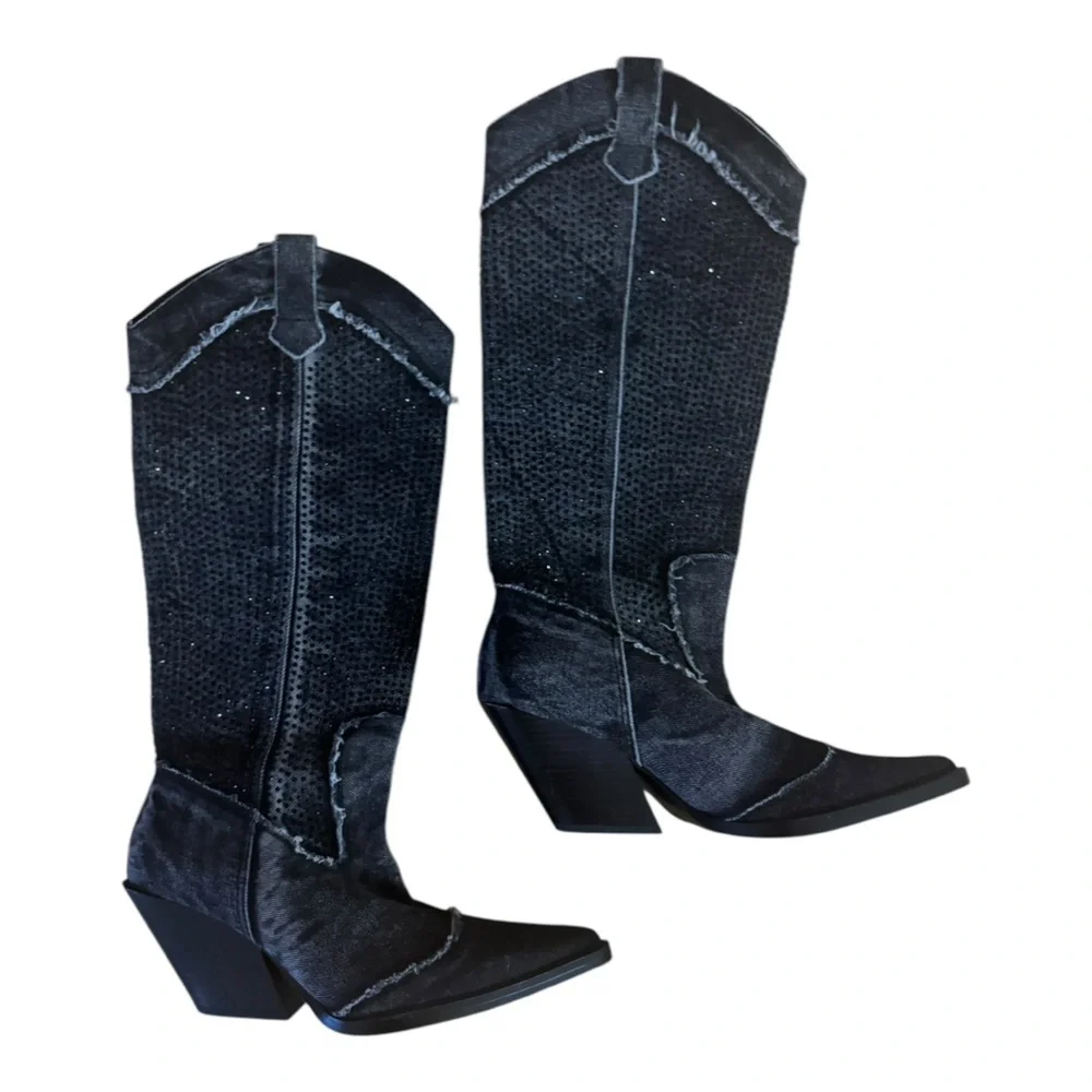 Zara Black Heeled Knee-High Western Boots - Picture 1 of 5
